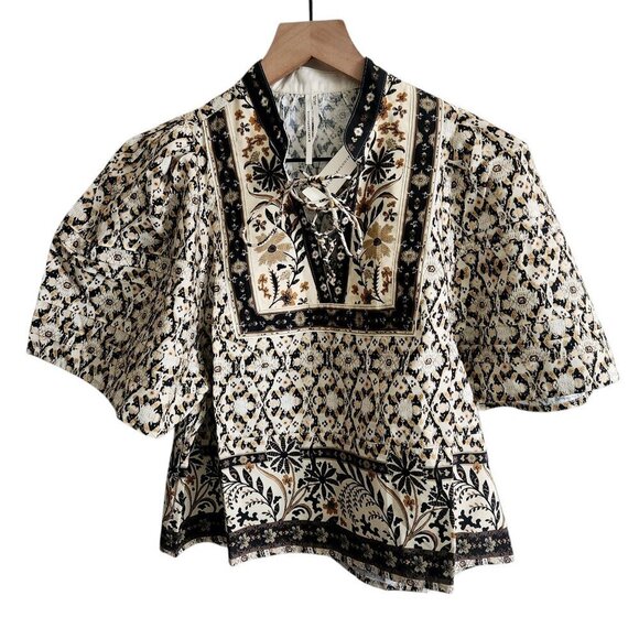 NWT By Anthropologie Pleated Puff-Sleeve Cotton Brown Ethnic Blouse Sz. XXS P - Picture 5 of 6